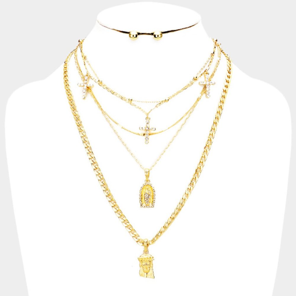 5 pcs Gold tone Multilayered Jesus Pendant Necklace set with earrings